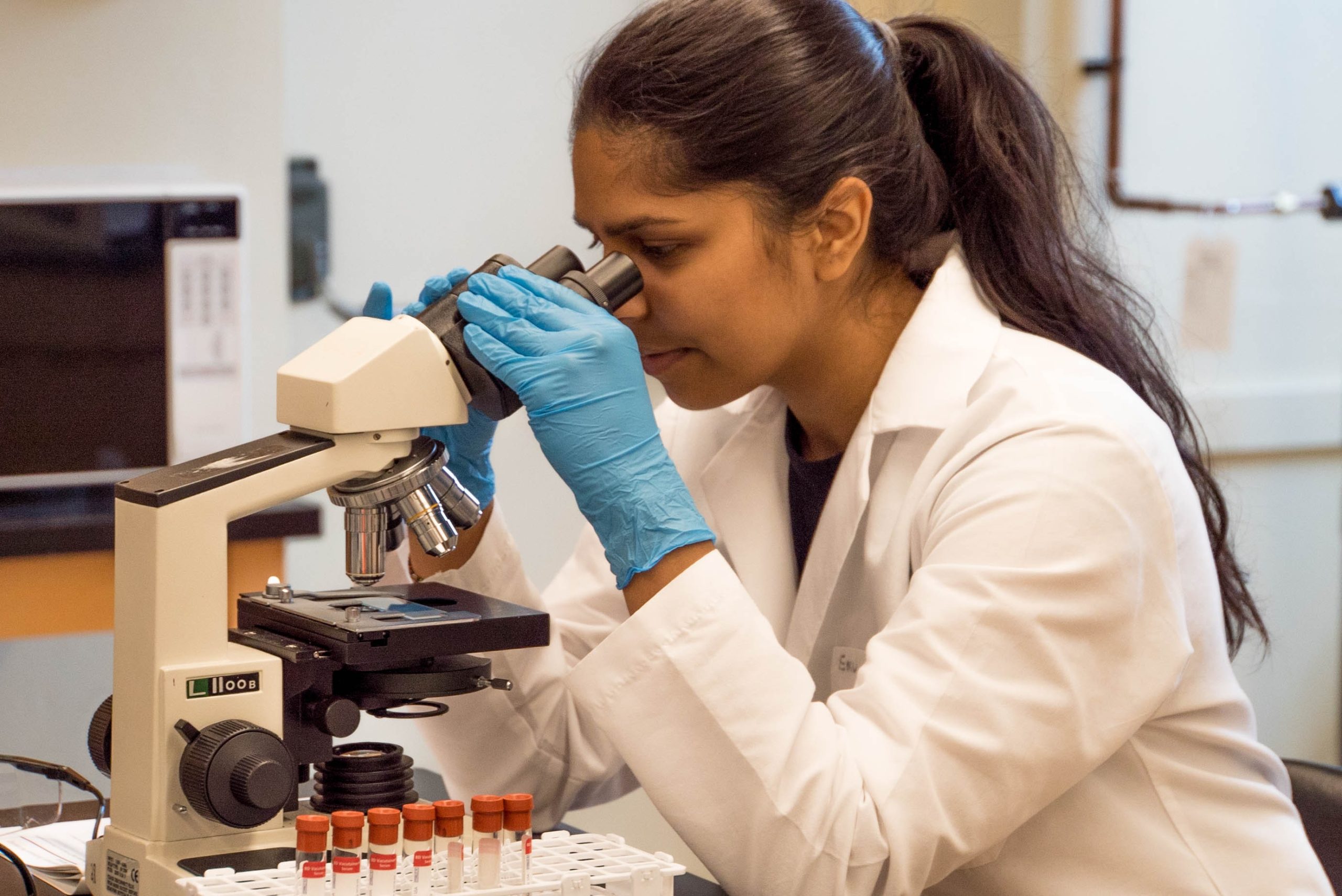 A scientist looking through a microscope